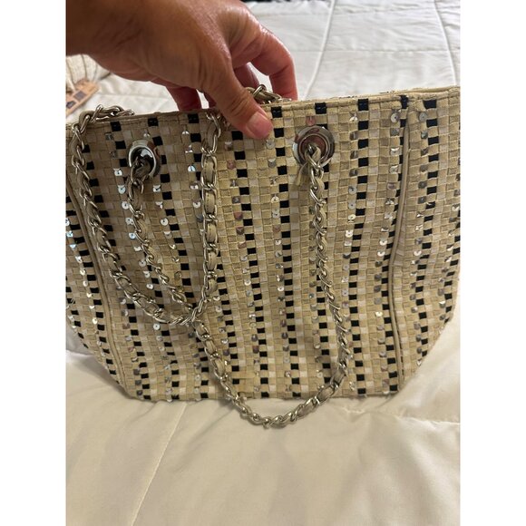 Talbots Woven Sequin-Accented Handbag Chain Straps Beige Black Elegant Tote Bag - Picture 7 of 11
